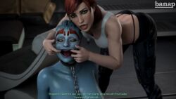 1futa 1girls 3d alien asari banap blender blender_(software) blue_skin chained collar comic comic_page commander_shepard dialogue english english_dialogue english_text female femshep fishhooking freckles futanari green_eyes leash looking_at_viewer mass_effect no_nut_november nude nude_futanari open_mouth red_hair samara self_upload tagme text thong