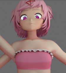 1girls 3d 3d_(artwork) 3d_model breasts collarbone doki_doki_literature_club female female_only frilled_bikini frilled_bikini_top frills gray_background grey_background human jinouga97 light-skinned_female light_skin looking_at_breasts looking_at_own_breasts looking_down looking_down_at_breasts looking_down_at_self natsuki_(doki_doki_literature_club) pink_eyes pink_hair pink_tubetop solo solo_female solo_focus tubetop