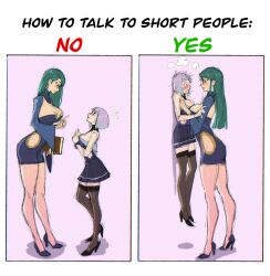 2girls big_breasts cleavage color colored comic dress female female_only galbreak glasses green_hair high_heels how_to_talk_to_short_people long_legs louten magdalena_(galbreak) pink_eyes pink_hair sketch stockings thick_thighs tight_clothing wizzy_(galbreak) yuri