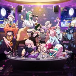 android ashai_(galbreak) ass big_breasts big_breasts black_hair blue_hair cleavage clothed color colored cyan_(galbreak) dress drinking fighting galbreak green_hair high_heels horn horns isabelle_(galbreak) karaoke kim_(galbreak) louten magdalena_(galbreak) magenta_(galbreak) miti_(galbreak) oni oni_female party pink_hair ponytail scared selfie singing sisters skirt small_breasts smiling smoking thick thick_ass thick_thighs white_hair wizzy_(galbreak)