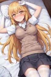 ai_generated bed bedroom big_breasts blonde_hair blush female female_focus gloves gold_eyes kneesocks long_hair shokuhou_misaki stable_diffusion stockings to_aru_kagaku_no_mental_out to_aru_kagaku_no_railgun to_aru_majutsu_no_index