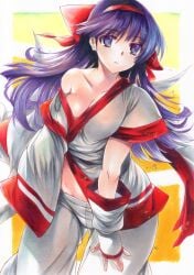 1girls ainu_clothes big_breasts cleavage female female_only fingerless_gloves hair_ribbon large_breasts legs looking_at_viewer nakoruru pants purple_eyes purple_hair rozarin samurai_shodown snk solo thighs traditional_media_(artwork) voluptuous