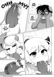 2d 3mangos anabelle_(3mangos) artist_name blowjob cock cocoa_(3mangos) comic comic_page cow_girl dick dog_boy fellatio femboy furry furry_only hair_over_one_eye milf mongoart nsfw original penis precum text_bubble two_handed_stroking watermark