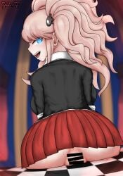 1girls alternate_version_available ass ass_focus backboob big_ass blonde_hair blue_eyes bottomwear breasts censor_bar censored censored_pussy danganronpa female female_only friita hair hair_ornament huge_ass junko_enoshima looking_back pussy red_skirt skirt solo solo_female sweat sweatdrop topwear twintails vagina