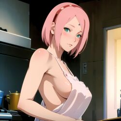 1girls ai_generated alyxra apron apron_only blush boruto:_naruto_next_generations female female_only green_eyes indoors jordan53 kitchen long_hair looking_at_viewer mature mature_female milf nai_diffusion naked_apron naruto naruto_(series) pink_hair sakura_haruno solo solo_focus stable_diffusion