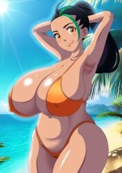 1girls alternate_body_type alternate_breast_size armpits beach big_breasts bikini bikini_bottom bikini_top black_hair breasts cleavage female female_only freckles freckles_on_face game_freak green_highlights hair hands_behind_head hips huge_breasts large_breasts nemona_(pokemon) orange_bikini orange_eyes pokemon pokemon_sv ponytail s.forest solo solo_female swimwear thick_thighs thighs tongue tongue_out venus_body wide_hips