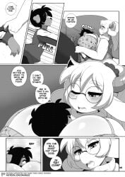 3mangos anabelle_(3mangos) big_breasts bra cocoa_(3mangos) comic comic_page cow_girl dog_boy femboy furry furry_only glasses hair_over_one_eye horns large_breasts larger_female milf mongoart original smaller_male sweater_lift voluptuous