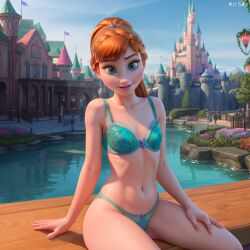 ai_generated air34x anna_(frozen) bikini blue_eyes bra disney disneyland frozen_(film) panties petite pose posing red_hair small_breasts underwear