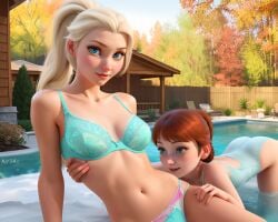 2girls ai_generated air34x anna_(frozen) bikini blonde_hair blue_eyes bra brown_hair disney elsa_(frozen) female female_only frozen_(film) medium_breasts petite pool sisters swimsuit underwear yuri