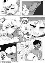 3mangos anabelle_(3mangos) blowjob cocoa_(3mangos) comic comic_page cow_girl dog_boy fellatio femboy furry furry_only hair_over_one_eye handjob horn_grab horns milf mongoart original ponytail text_bubble