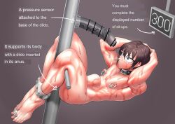 1boy abs blue_eyes brown_hair counter dildo_in_ass dildo_penetration dildo_sitting exercise femboy huge_cock impossible_fit male male_focus male_only male_penetrated piercing piercings tagme tagme_(artist) tagme_(character) test text yajuuyajuu