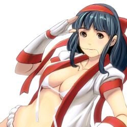 1girls ainu_clothes big_breasts bikini bikini_top_only blue_hair busty female female_only fingerless_gloves fundoshi hair_ribbon large_breasts long_hair mouth_hold nakoruru open_clothes samurai_shodown smile snk solo white_bikini