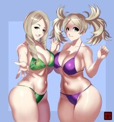 2girls alternate_costume artist_logo asymmetrical_docking bikini blank_background blonde_hair breast_press cleavage emmeryn_(fire_emblem) female female_only fire_emblem fire_emblem_awakening green_bikini green_swimsuit hand_holding holding_hands large_breasts lissa_(fire_emblem) long_hair looking_at_viewer multiple_girls navel nintendo osuka purple_bikini purple_swimsuit shiny_skin sisters smile string_bikini swimsuit thick_thighs twin_drills twintails underboob