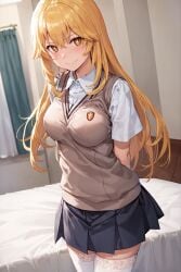 ai_generated bed bedroom big_breasts blonde_hair blush female female_focus gloves gold_eyes kneesocks long_hair shokuhou_misaki stable_diffusion stockings to_aru_kagaku_no_mental_out to_aru_kagaku_no_railgun to_aru_majutsu_no_index