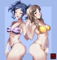 2girls alternate_costume artist_logo bikini blank_background blue_hair blush brown_hair cleavage cynthia_(fire_emblem) female female_only fire_emblem fire_emblem_awakening gold_bikini hand_holding holding_hands looking_at_viewer medium_breasts mother_and_daughter multiple_girls nintendo osuka purple_bikini purple_swimsuit shiny_skin smile striped_bikini sumia_(fire_emblem) thick_thighs twin_drills twintails underboob yellow_bikini yellow_swimsuit