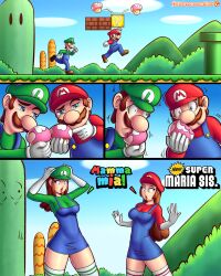 2boys 2girls 4:5 4_panel_comic bushes comic eating eating_food female genderswap_(mtf) green_cape green_clothes green_clothing luigi male mario mario_(series) multiple_boys multiple_girls mushroom new_super_mario_bros. newgrounds no_dialogue outdoors power_up red_cap red_clothing reit reit9 rule_63 sfw