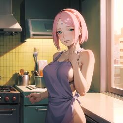 1girls ai_generated alyxra apron apron_only blush boruto:_naruto_next_generations female female_only green_eyes indoors jordan53 kitchen long_hair looking_at_viewer mature mature_female milf nai_diffusion naked_apron naruto naruto_(series) pink_hair sakura_haruno solo solo_focus stable_diffusion