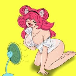 1girls ass big_breasts closed_eyes cooling_off electric_fan fan female female_only heart_marking heat hot_pink_hair kneeling latam_virtual_youtuber lunaria_ayaren pulled_by_self solo solo_female sti_dilu sweat thick_thighs virtual_youtuber voluptuous vtuber vtuberfanart wet_clothes yellow_background youtube_hispanic