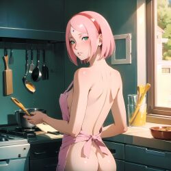 1girls ai_generated alyxra apron apron_only ass blush boruto:_naruto_next_generations female female_only green_eyes indoors jordan53 kitchen long_hair looking_at_viewer mature mature_female milf nai_diffusion naked_apron naruto naruto_(series) pink_hair sakura_haruno solo solo_focus stable_diffusion