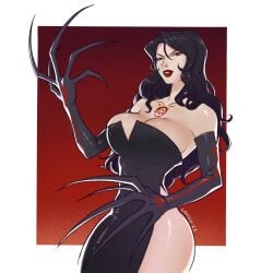 big_breasts big_breasts black_hair cleavage curvy curvy_female dress female fullmetal_alchemist fullmetal_alchemist_brotherhood hourglass_figure long_hair looking_at_viewer looking_down louten lust_(fullmetal_alchemist) red_eyes tattoo thick thick_thighs tight_clothing tight_dress