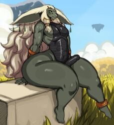 1boy anthro ass big_ass bubble_butt clothing erection_under_clothes fat_ass femboy grass huge_ass large_ass leotard looking_at_viewer male male_only outside rauru_(tears_of_the_kingdom) sitting solo sssonic2 tears_of_the_kingdom the_legend_of_zelda thick_ass thick_thighs thunder_thighs wide_hips zonai