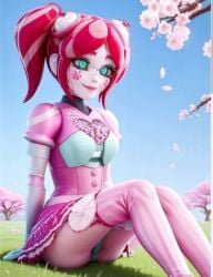 ai_generated animatronic dress kandyland kandyland_(the_webseries) panties pink_clothing red_hair sitting suzy_snacktime