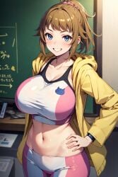 1girls ai_generated blue_eyes breasts brown_hair female gundam gundam_build_fighters gundam_build_fighters_try hoshino_fumina huge_breasts light-skinned_female light_skin long_hair looking_at_viewer ponytail slim_waist smile stable_diffusion thick_thighs