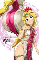 1girls alternate_version_available ass ass_shot big_ass big_breasts blonde_hair blue_eyes breasts cosplay dat_ass dress ear_piercing earrings female female_only hair hair_ornament huge_breasts large_ass lips lipstick long_hair mario_(series) neckwear nintendo pink_lips pink_lipstick princess_peach princess_zelda_(cosplay) sasatseng solo solo_female tears_of_the_kingdom the_legend_of_zelda thick_lips thick_thighs thighs white_dress