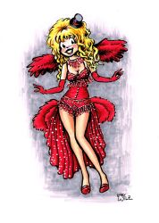 1girls arm_sleeves blonde_female blonde_hair cherry_poptart cherry_poptart_(comic) clothed clothed_female curly_hair larry_welz light-skinned_female looking_at_viewer pinup red_armwear red_feathers red_outfit showgirl small_hat