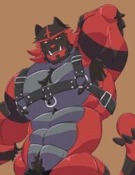 2023 abs absurd_res absurdres anthro arm_tuft armpit_hair bara beard biceps black_beard black_body black_fur black_nipples black_stripes body_hair chest_tuft elbow_tuft facial_hair featureless_crotch fur generation_7_pokemon grey_body grey_fur hand_behind_head harness head_markings hi_res incineroar juggerpepper looking_at_viewer male male_only markings nintendo nipples pantsless pokemon pokemon_(species) pubes red_body red_eyes red_fur solo spiked_tail spikes spikes_(anatomy) stripes tail triceps tuft yellow_sclera