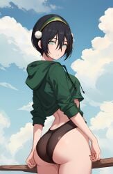 1girls ai_generated ass avatar_legends avatar_the_last_airbender big_ass black_hair blind breasts cloud earth_kingdom fat_ass female female_focus female_only fully_clothed green_eyes green_hoodie hair hair_ornament hairband hoodie light-skinned_female light_skin no_pants no_penetration no_sex outdoors outside short_hair sky small_breasts stable_diffusion toph_bei_fong