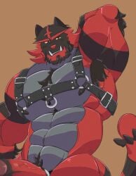 2023 abs absurd_res absurdres accessory anthro arm_tuft armpit_hair bara beard biceps black_beard black_body black_fur black_nipples black_stripes body_hair chest_tuft cock_ring elbow_tuft facial_hair fur generation_7_pokemon genitals grey_body grey_fur hand_behind_head harness head_markings hi_res incineroar jewelry juggerpepper looking_at_viewer male male_only markings nintendo nipples pantsless penis penis_accessory penis_jewelry pokemon pokemon_(species) pubes red_body red_eyes red_fur solo spiked_tail spikes spikes_(anatomy) stripes tail triceps tuft vein veiny_penis yellow_sclera