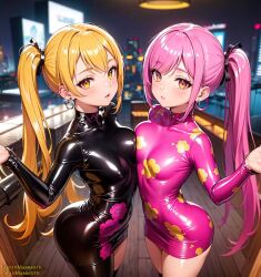 2girls ai_generated ass black_bodysuit blonde_hair blush bodysuit breast_press breasts chinese_clothes dress earrings female female_only fluffymammoth jewelry latex latex_bodysuit long_hair looking_at_viewer multiple_girls petite pink_dress pink_hair shiny shiny_clothes side_ponytail skin_tight small_breasts twintails yellow_eyes