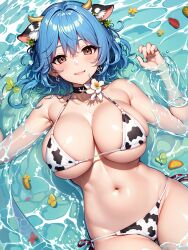 1girls 2023 ai_generated anime_nose blue_hair breasts cleavage clothed_female cow_ears cow_girl cow_print curvy_female curvy_figure female_only horned_female horned_humanoid horns laying_in_water looking_at_viewer partially_submerged short_hair solo_focus stable_diffusion voluptuous voluptuous_female water