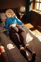 1girls ai_generated ass ass_focus bed big_ass blonde_female blonde_hair blush boots breath_of_the_wild closed_eyes clothed clothing female from_behind fully_clothed hairclip half_updo huge_ass indoors light-skinned_female light_skin lying on_stomach panties_visible_through_clothing pants pantylines pillow pillow_hug pointy_ears princess_zelda shiny shiny_clothes shiny_hair short_hair sleeping solo tears_of_the_kingdom the_legend_of_zelda thick_thighs tight_pants zelda_(tears_of_the_kingdom)