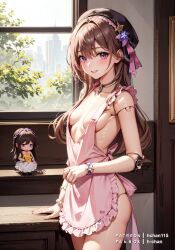 ai_generated blush brown_hair hat hchan115 herta_(honkai:_star_rail) honkai:_star_rail looking_at_viewer naked_apron puppet purple_eyes smile solo solo_female