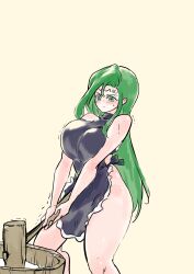 1girls annand_(fire_emblem) apron bare_thighs breasts bucket female female_only fire_emblem fire_emblem:_genealogy_of_the_holy_war food frown green_eyes green_hair hammer hug huge_breasts japanese_text long_hair mochi naked_apron nintendo nude nude_female sigurd_(fire_emblem) solo stuck ta_dasu_(tadasu_hayashi) thighs very_long_hair