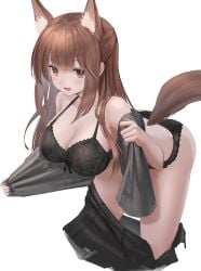 1girls 2023 animal_ears arknights big_breasts black_underwear bra brown_hair clothes_removed collarbone fox_ears fox_girl fox_tail franka_(arknights) hi_res light-skinned_female light_skin long_hair looking_at_viewer orange_eyes panties simple_background solo sthk tail underwear