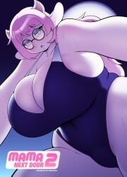 3mangos anabelle_(3mangos) anthro big_ass big_breasts blue_eyes blush chubby chubby_female cleavage comic_cover cow_girl female furry glasses heart-shaped_pupils horns large_ass large_breasts milf mongoart one-piece_swimsuit original pink_hair round_glasses swimsuit voluptuous wet white_fur white_hair