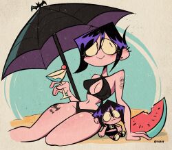 beach beach_background beach_umbrella big_ass big_breasts big_butt bikini bikini_bottom bikini_top black_bra black_clothing black_hair black_panties bra breasts dark_clothing drinking ear_piercing earrings eyeliner female female_only full_body fully_clothed goth goth_girl gothic light-skinned_female neckline panties plushie purple_hair short_hair swimsuit swimwear tagme tattoo tattoo_on_chest tattoo_on_legs tattooed_arm tattoos thick thick_ass thick_legs valbun_(oc) watermelon