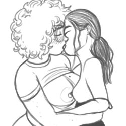 2023 2girls areolae big_breasts blush breasts_out chubby chubby_female curly_hair embrace female female_only freckles french_kiss glasses hug juicydemon kissing making_out mole mole_on_breast plump ponytail rachel_(juicydemon) size_difference sketch small_breasts strap_slip yuri