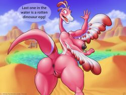 aged_up anthro anus ass big_breasts big_butt breasts curvaceous curvy_figure desert dialogue dinosaur dinosaur_train dromaeosaurid feathers female genitals hi_res looking_back nude oasis open_mouth outside pubes public public_nudity pussy raised_tail reptile running scalie solo tail theropod thick_thighs trias valerie_velociraptor velociraptor voluptuous wide_hips