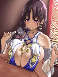 1boy 1girls akure_ekuto azur_lane black_hair breasts cleavage closed_mouth clothed_female_nude_male commentary_request commission dark-skinned_male dark_skin dragon_empery_(azur_lane) earrings female grabbing grabbing_another's_breast highres indoors jewelry large_breasts light-skinned_female light_skin multiple_sources nude paizuri paizuri_under_clothes pink_eyes pov short_hair skeb_commission smile solo_focus straight ting_an_(azur_lane)