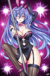 arm_up artist_name big_breasts bunny_ears bunnysuit cleavage front_view goddess iris_heart leotard lewdkuma light-skinned_female long_hair neptunia_(series) one_eye_closed open_mouth pink_eyes plutia pole_dancing power_symbol-shaped_pupils purple_hair solo thighhighs thighs