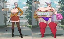 1girls andou_reiji bbw before_and_after big_ass big_belly big_breasts bimbo bimbo_lips bimbofication breast_expansion breasts breasts_bigger_than_head chubby chubby_female cleavage cleavage_cutout cleavage_window dialogue english_text fishnet_legwear fishnets food glasses grey_hair hair_ornament hair_ribbon hi_res high_heel_boots high_heels highres huge_breasts hyper hyper_bimbo hyper_breasts obese obese_female overweight overweight_female prison_school riding_crop saturnxart shiraki_meiko shopping shopping_bag text thick_thighs thigh_boots venus_body weight_gain wide_hips word_balloon