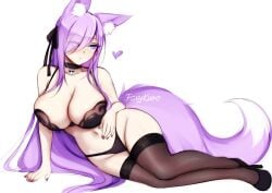 black_bra black_heels black_lingerie black_panties black_stockings bra dirtykuro fox_ears fox_girl foxgirl foxykuro hair_covering_eye hair_covering_one_eye hair_over_eye hair_over_one_eye hair_over_one_eyes heels kitsune kuro_(foxykuro) lingerie long_hair long_purple_hair original panties purple_eyes purple_hair purple_hair_female stockings