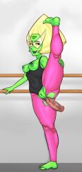 anal barefoot blonde_hair breasts breasts_out disembodied_penis edit feet flexible green_skin grin leg_up leotard looking_at_viewer medium_breasts milky_way_(artist) peridot_(steven_universe) pussy pussy_juice pussy_juice_string raised_leg sex skin_tight soles standing steven_universe thick_thighs toes torn_clothes vertical_splits