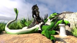 anthro canid canine canis column cowgirl_position dragon duo farmd female feral from_front_position grass hi_res kade_(softscale) lying male male/female mammal on_back on_bottom on_top plant rock sex size_difference wolf zealot zeka~electros zoophilia