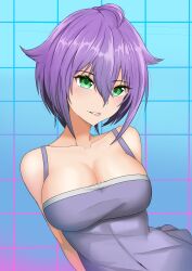 1girls arms_behind_back big_breasts busty cleavage female female_only green_eyes hi_res large_breasts looking_at_viewer original purple_hair short_hair sleeveless smile solo voluptuous yukino_akaihi