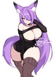 black_sweater cleavage dirtykuro fox_ears fox_girl foxgirl foxykuro hair_covering_eye hair_covering_one_eye hair_over_eye hair_over_one_eye hair_over_one_eyes kitsune kuro_(foxykuro) long_hair long_purple_hair original purple_eyes purple_hair purple_hair_female stockings sweater thighs